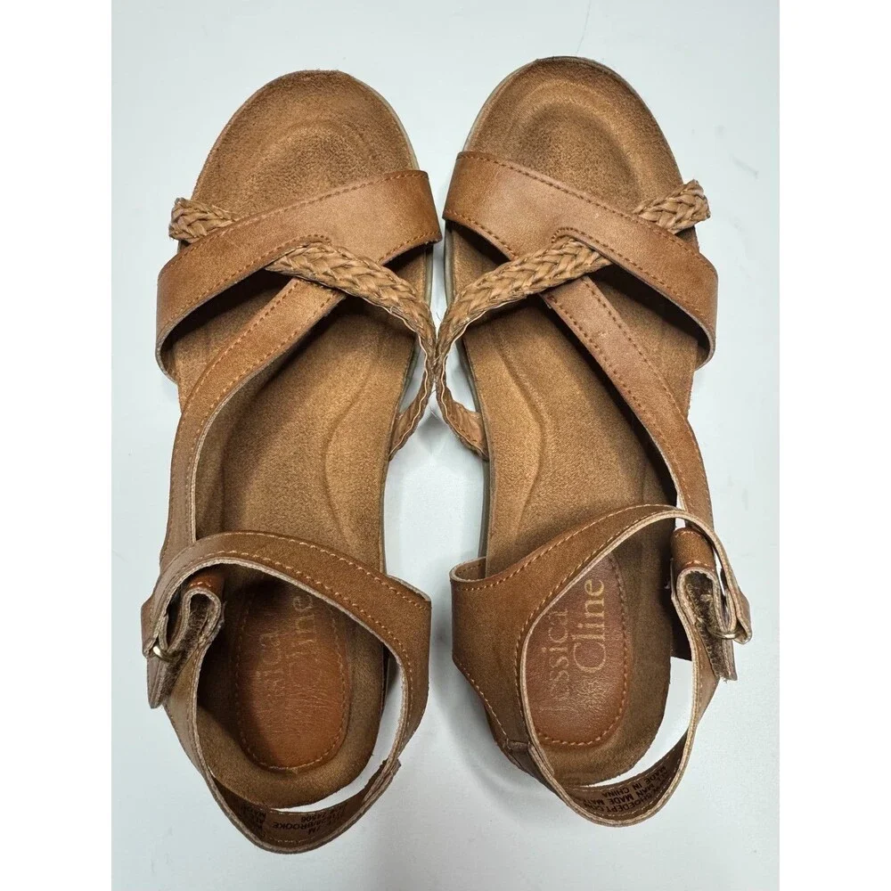 Jessica Cline Size 7M Brooke Wedge Sandals Tan Braided Strappy Crisscross Ankle